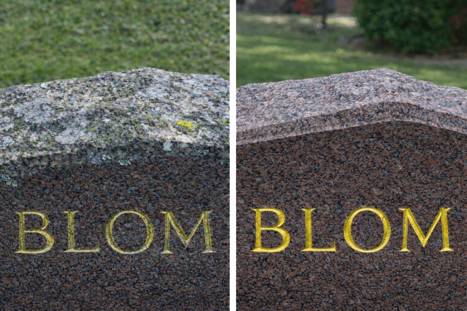 Renovering av gravvård med Ifyllnadsmålning guldfärg på gravsten, före och efter bild 